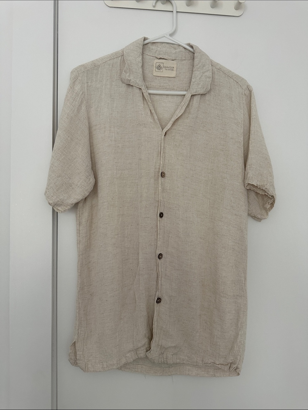 Linen Blend Short Sleeve Button Shirt - Beige